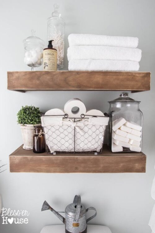 Farmhouse Style floating wood shelves via Blesser House