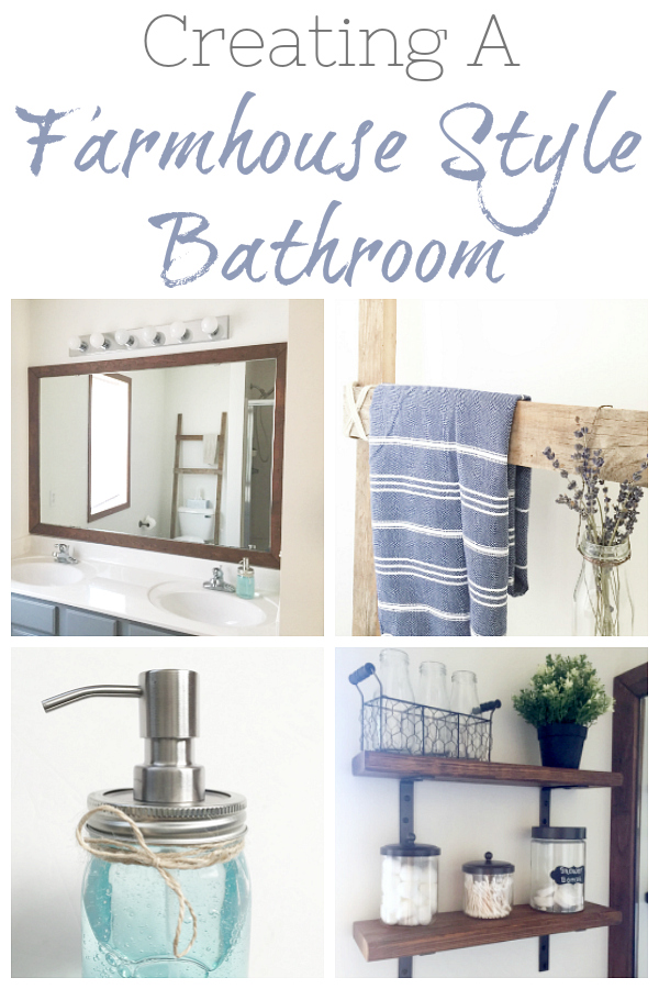 There are so many budget-friendly things we can add to a bathroom for a more rustic, farmhouse feel. I love these ideas of bringing in warm wood tones by framing a mirror or adding shelving.