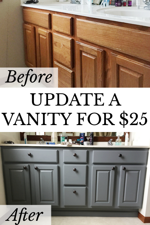 Before and after of outdated oak vanity painted with added knobs to update