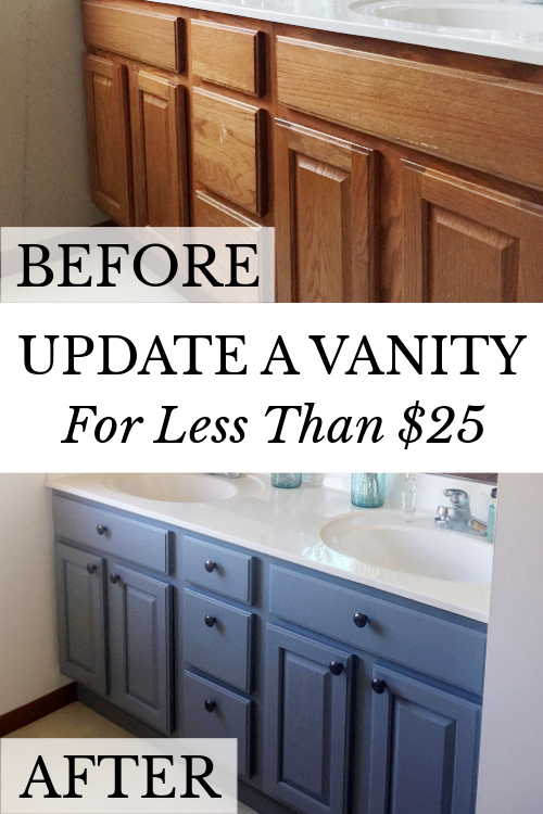 Before and after of outdated oak vanity painted with added knobs to update