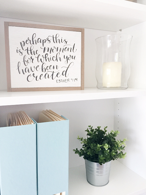 Bookshelves styled in this farmhouse office makeover