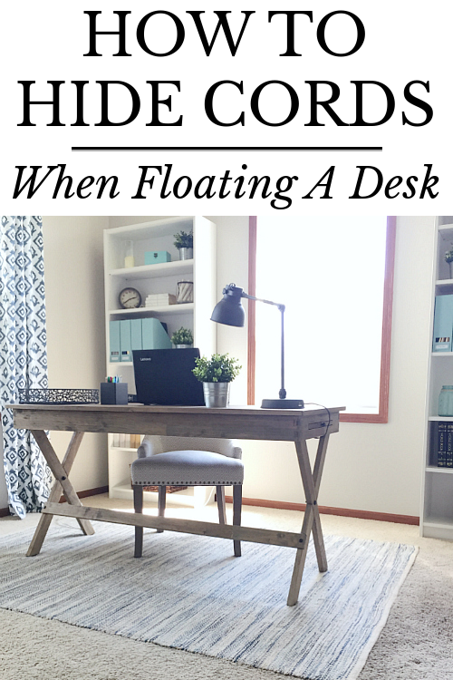 Office desk shown "floating" in middle of room with cords hidden out of sight