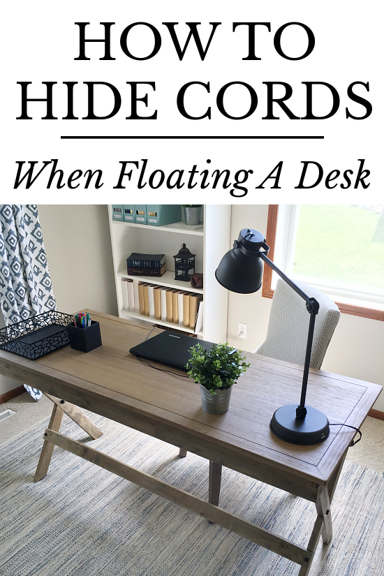 Office desk shown "floating" in middle of room with cords hidden out of sight