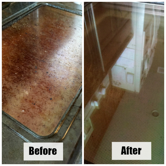 Before and After of oven door after cleaning with baking soda and water