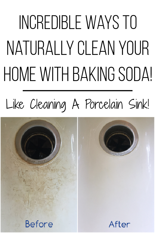 Porcelain sink before and after cleaning with baking soda and hydrogen peroxide