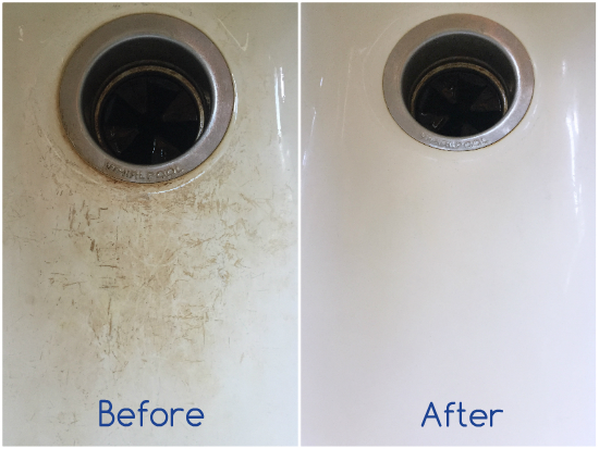 Before and After of Porcelain sink after cleaning with baking soda and hydrogen peroxide