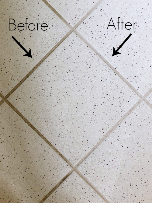 Before and After of grout being cleaned with baking soda and hydrogen peroxide