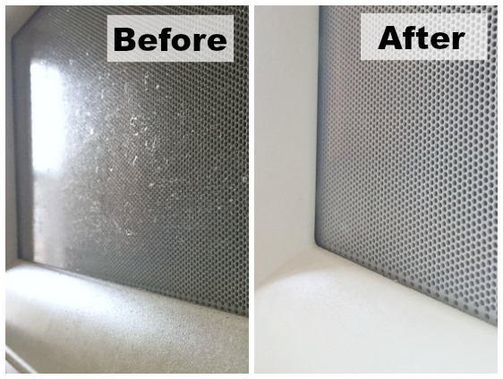 Before and After of microwave door using lemon essential oil to remove grease and grime