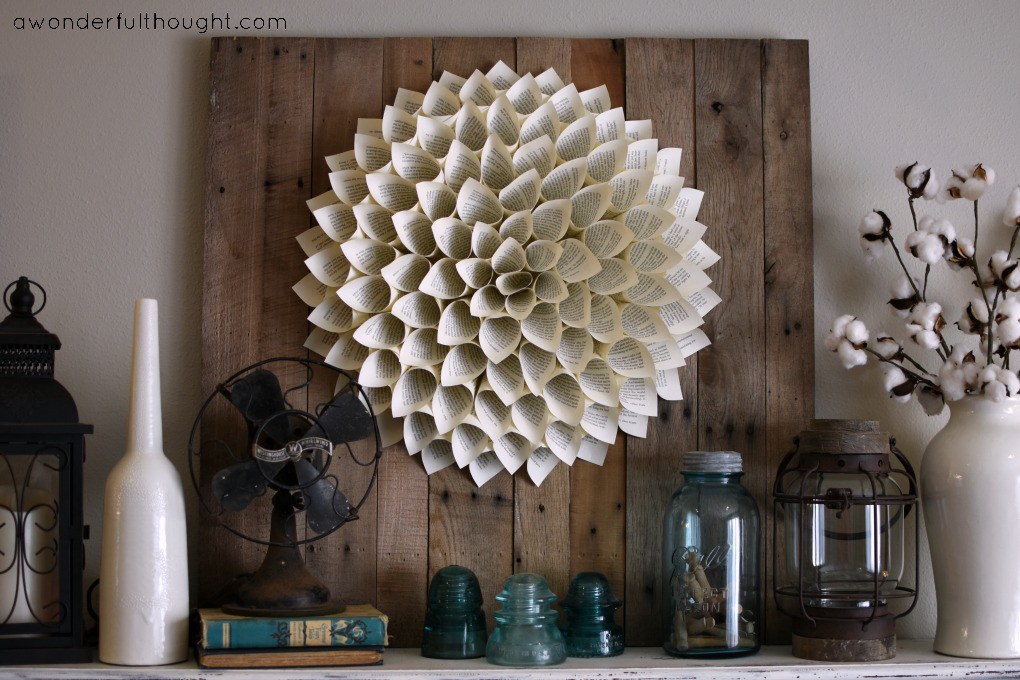 Rustic mantel ready for summer with a paper dahlia wreath and cotton stems