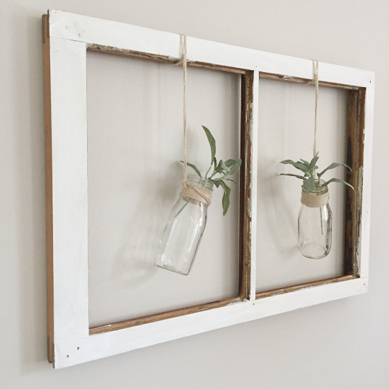 Old chippy window used as farmhouse wall decor