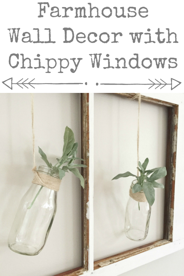 What a cute idea for adding farmhouse wall decor using an old chippy window and milk jars