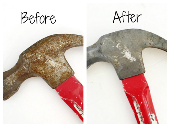 Before and After of rusty hammer cleaned with ketchup