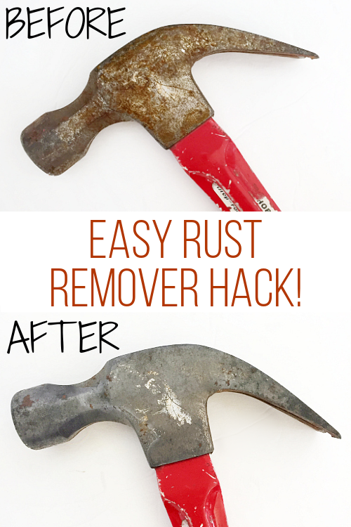 Before and after of rusting hammer cleaned with ketchup