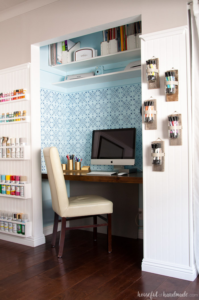 $100 Craft room makeover featuring a stenciled closet being used as an office space