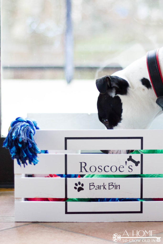 Crate with vinyl label to store pet supplies