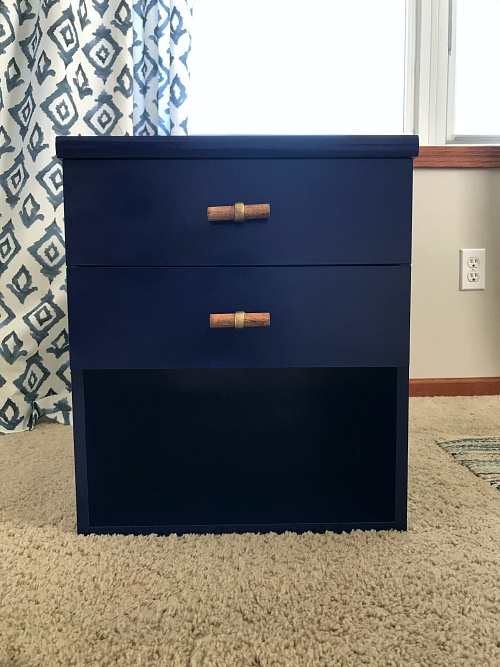 $5 Goodwill Nightstand makeover using navy spray paint and new hardware