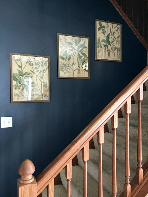 Three framed engineering prints hung on a navy accent wall in entry