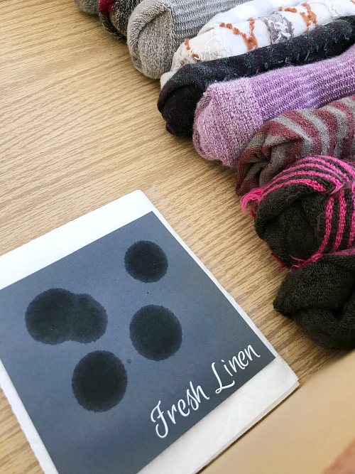 Freshening drawers naturally with cardstock and essential oils in sock drawer