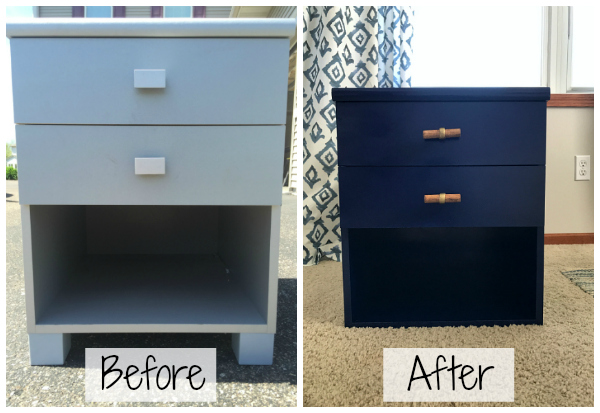 Before and after of outdated nightstand made over with spray paint and new hardware