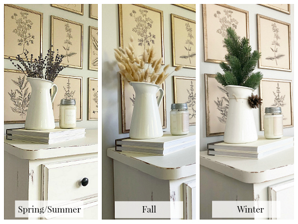 Styling a farmhouse pitcher throughout the seasons to show ways to save money on decor staples