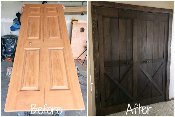 Before and After collage of a builder-grade, hollow core bifold door turned into a DIY barn door