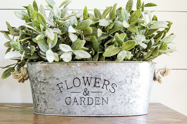 Aged dollar store galvanized tin with faux plants