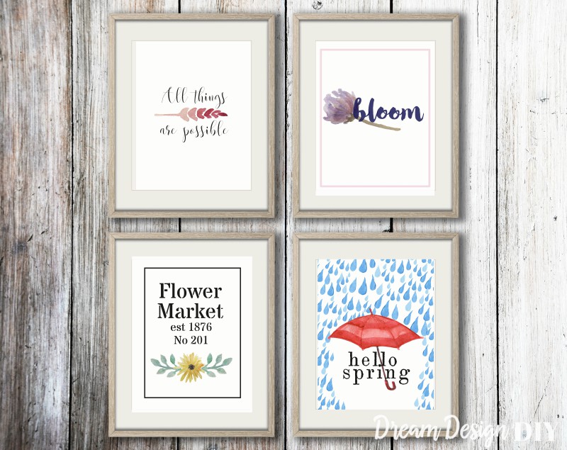 Framed spring prints with a variety of spring quotes and images