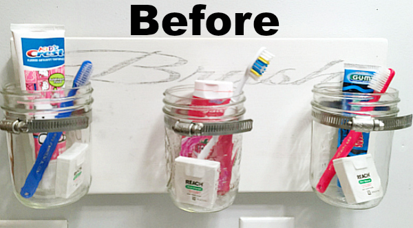 Toothbrush holders made with mason jars and hose clamps