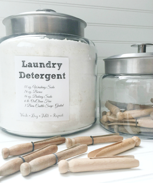 Laundry Detergent and vintage clothespins in glass jars