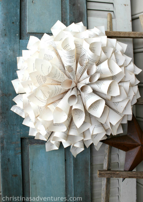 Book pages used to create a bloom to decorate the front door