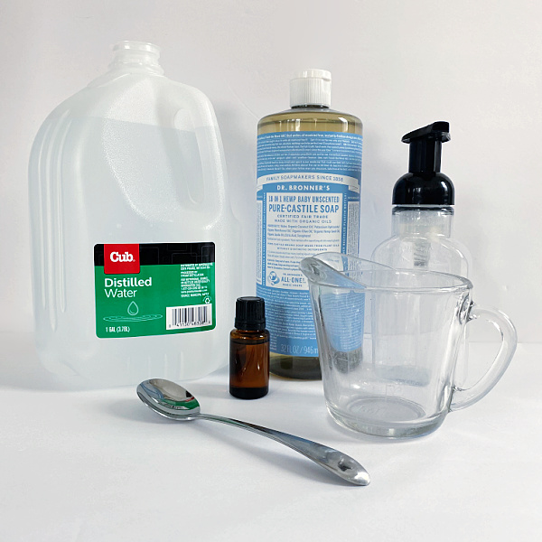 Ingredients needed to make DIY Foaming Hand Soap: Distilled Water, Essential Oil, Castile Soap