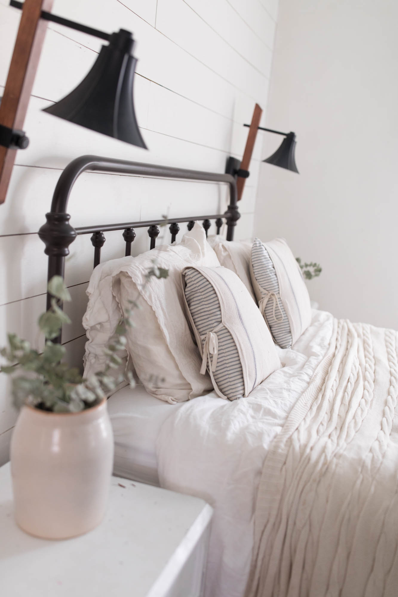 Farmhouse Master Bedroom Inspiration Ticking Stripe Pillows