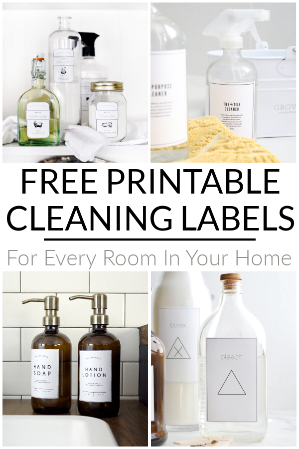 Collage of free printable cleaning labels to be used on DIY Cleaning Products