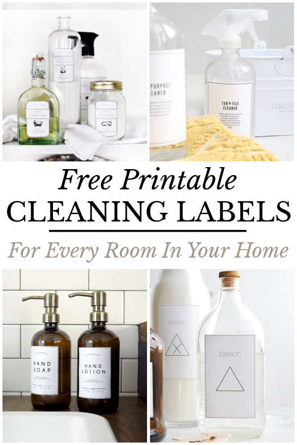 Collage of images showing various free printable cleaning labels