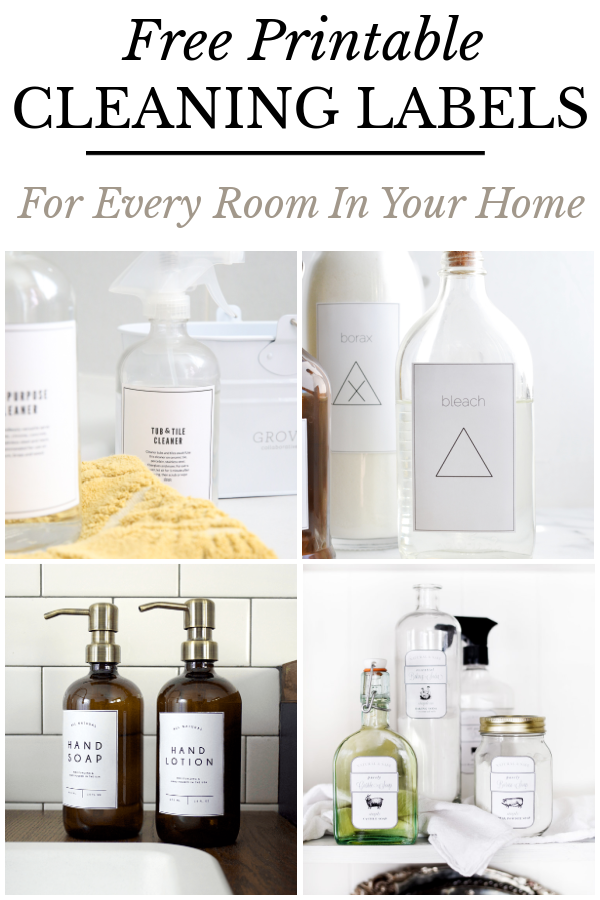 Collage of images showing various free printable cleaning labels