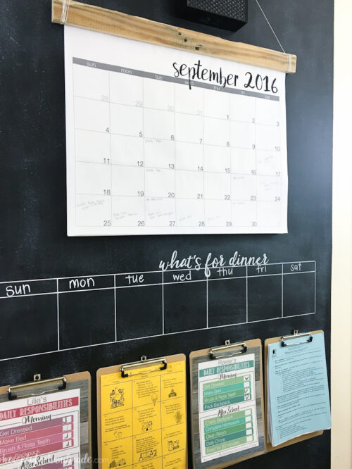 Houseful of Handmade creates a great command center featuring a monthly calendar, a weekly menu plan. and several clipboards for various paperwork; all on a chalkboard background.