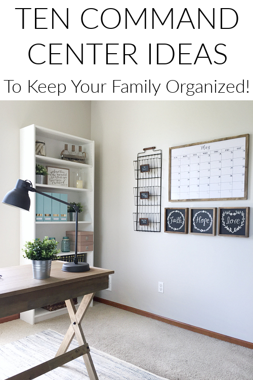 Home office with simple command center on the wall that includes a whiteboard calendar, a three tier file holder and small signs