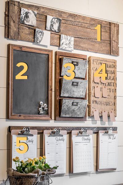 This command center idea comes from Little Yellow Wheelbarrow. The command center is cohesive with the use of a wood-framed chalkboard, metal-style envelopes, and several clipboards.