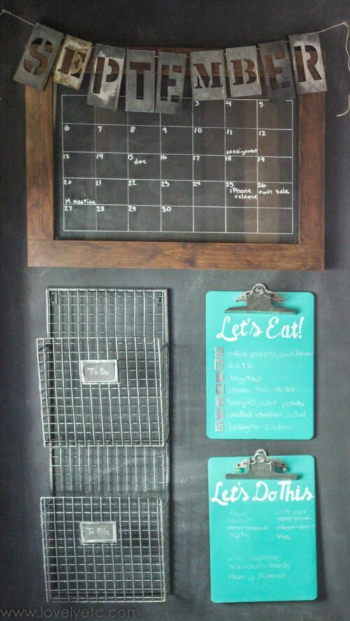 This command center idea is from Lovely Etc and utilizes blue clipboards for menu planning, a chalkboard calendar, and wire baskets to hold mail and other papers.