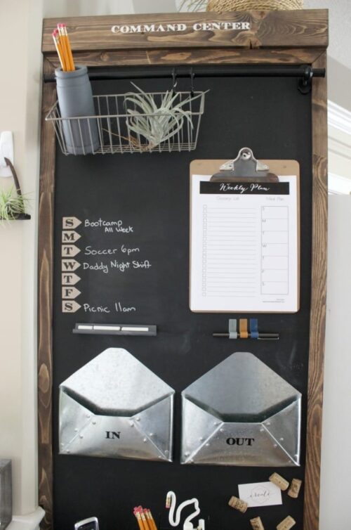 This small command center (via Love Create Celebrate) packs in a lot of great ideas; with everything from a printable weekly plan displayed on a clipboard to a weekly menu.