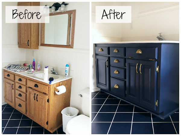 Before and After of a vanity makeover. Outdated oak vanity gets a major makeover with navy paint and spray painted hardware in antique brass