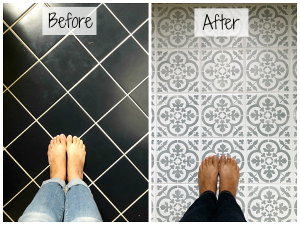 Before and After of DIY Stenciled floor. Old navy tile gets a fresh look with white and gray patterned floor created with a stencil