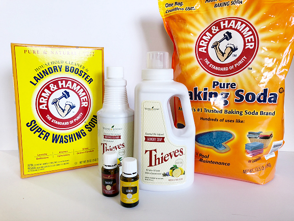 Items needed to make DIY Thieves Laundry Detergent: Thieves Laundry Soap, Baking Soda, Washing Soda, Thieves Cleaner, and essential oils (optional)