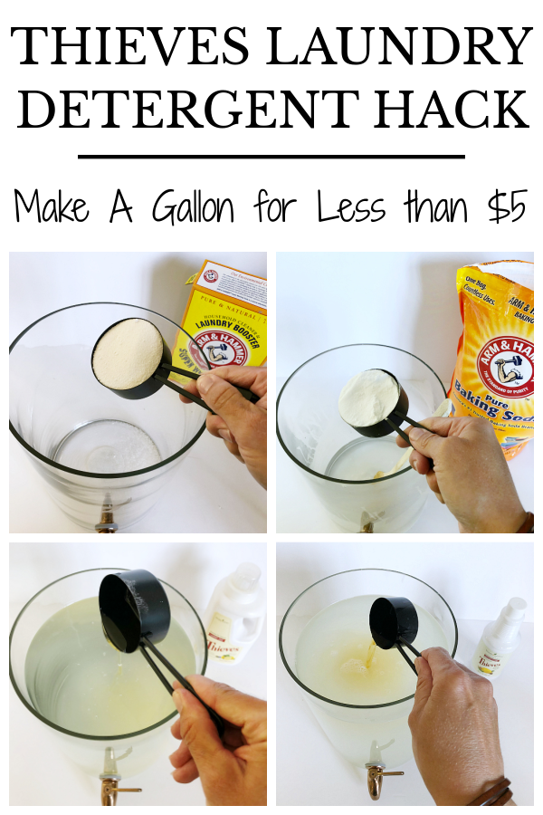 Collage of images showing how to stretch Thieves Laundry Detergent with an easy hack that makes a gallon for less than $5