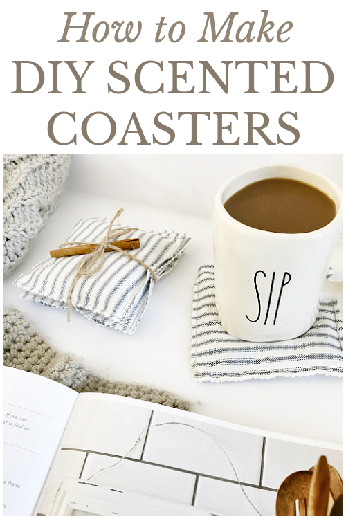 Scented coasters with cup of coffee, a book and blankets