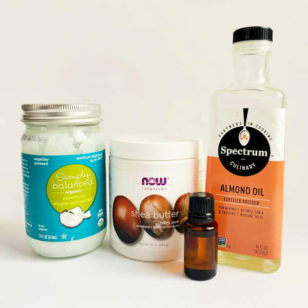 Ingredients needed to make body butter: shea butter, coconut oil, almond oil and essential oils