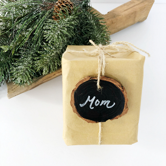 Using wood slice ornaments as gift tags