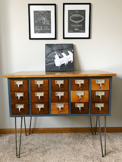 Finished card catalog makeover with the addition of hairpin legs