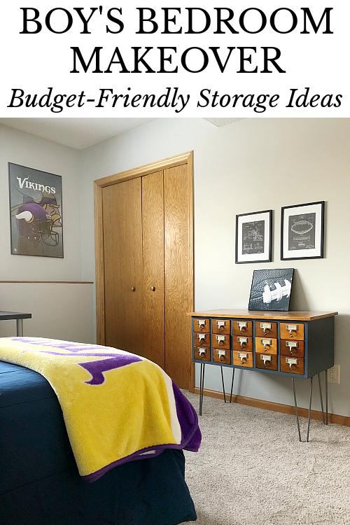 View of closet and vintage card catalog used for baseball card storage in boy's bedroom
