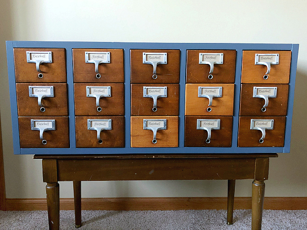 Card catalog makeover for football and baseball card storage